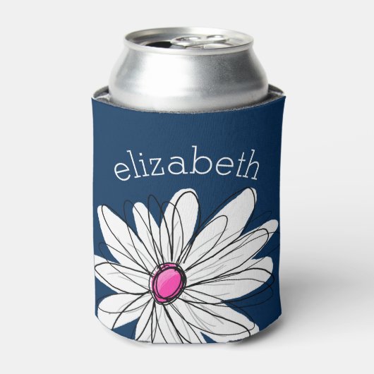 トレンディーデイジーフローライラストレーション – ネイビーとピンク 缶クーラー (缶正面)