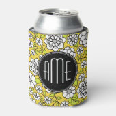 トレンディーデイジーフローライラストレーション – ブラック&イエロー 缶クーラー (缶正面)