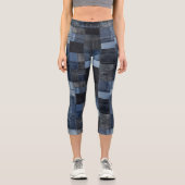 トレンディーデニムパッチワーク、ブルートーン、カスタム文字ロゴ カプリレギンス (正面)