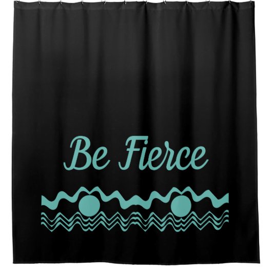 トレンディートライバルジオメトリックターコイズとブラック シャワーカーテン (正面)