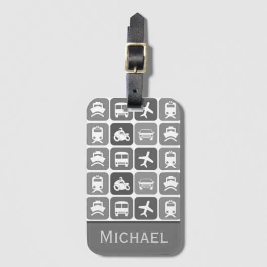 トレンディートラベルアイコン黒と白パーソナライズされた ラゲッジタグ (正面縦)