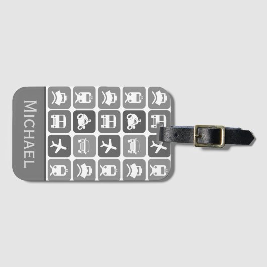 トレンディートラベルアイコン黒と白パーソナライズされた ラゲッジタグ (正面横)