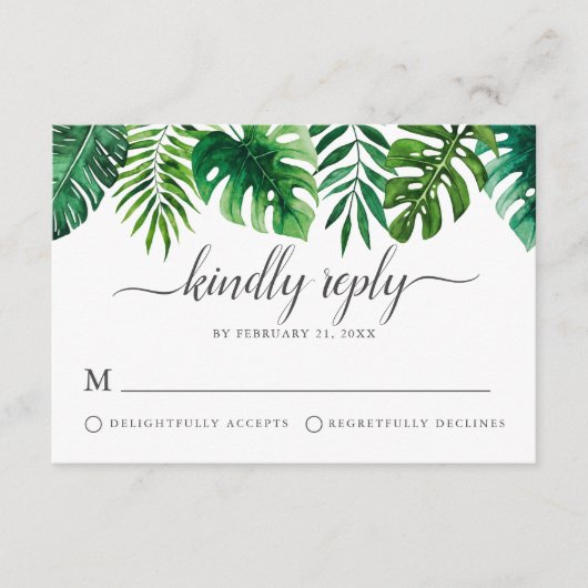 トレンディートロピカルウォーターカラーボタニカルRSVPカード アドバイスカード (正面)