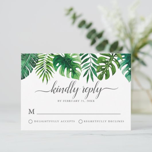 トレンディートロピカルウォーターカラーボタニカルRSVPカード アドバイスカード (スタンド正面)