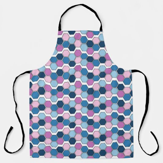 トレンディートワイライトシティブルーとピンク六角パターン エプロン (正面)