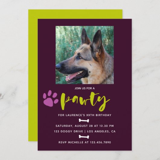 トレンディードッグまたは子犬の誕生日パーティーの写真招待状 招待状 (正面/裏面)