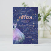 トレンディードレススターズネイビーブルーホログラフィックスウィート15 招待状 (スタンド正面)