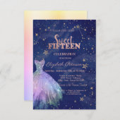 トレンディードレススターズネイビーブルーホログラフィックスウィート15 招待状 (正面/裏面)