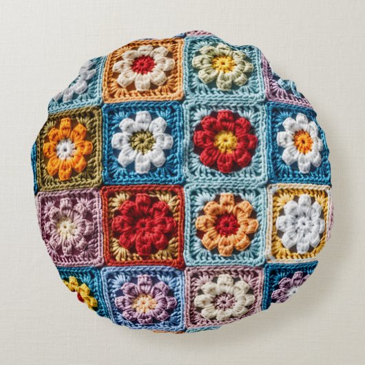 トレンディーニットグラニースクエアカラフルフローラルパターン ラウンドクッション (裏面)