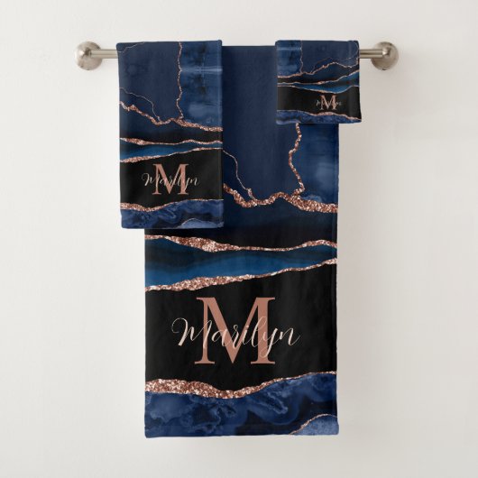 トレンディーネイビカスタムーブルーアゲートバラ金ゴールドグリッター バスタオルセット (インサイチュ)