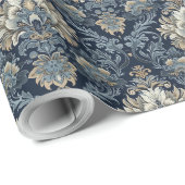 トレンディーネイビーブルーとベージュの装飾ダマスク ラッピングペーパー (ロールコーナー)