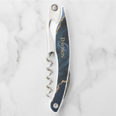 トレンディーネイビーブルーアゲート金ゴールドグリッターモノグラム ソムリエナイフ (正面)