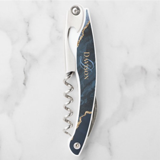 トレンディーネイビーブルーアゲート金ゴールドグリッターモノグラム ソムリエナイフ (正面)