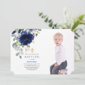 トレンディーネイビーブルーフローラボーイフォト金ゴールドバプテスマ 招待状 (スタンド正面)