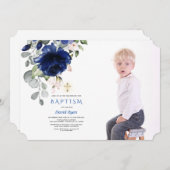 トレンディーネイビーブルーフローラボーイフォト金ゴールドバプテスマ 招待状 (正面/裏面)