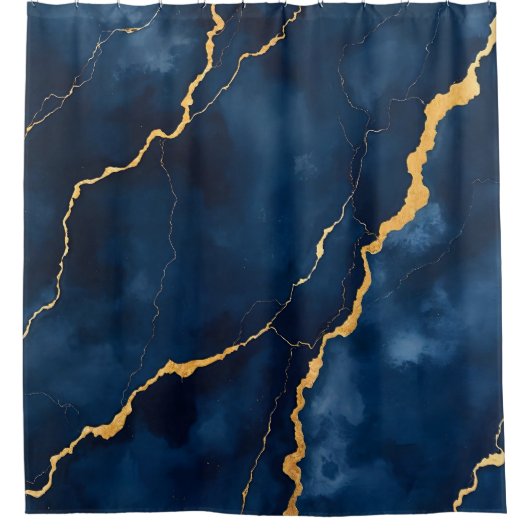 トレンディーネイビーブルー金ゴールドマーブルコレクション シャワーカーテン (正面)