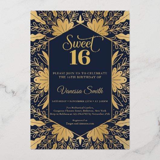 トレンディーネイビー及び実在金ゴールド箔sweet sixteen箔 箔招待状 (正面)
