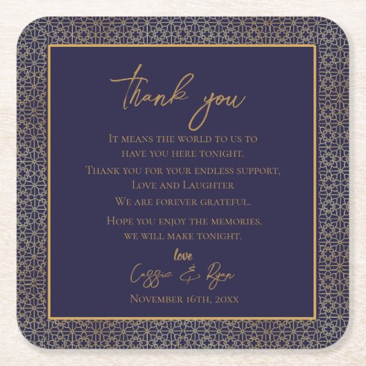 トレンディーネイビー金ゴールド結婚デザインの感謝メッセージ スクエアペーパーコースター (正面)