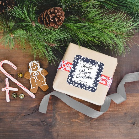 トレンディーネイビー&ホワイトフェスティバルクリスマスギフトラベル スクエアシール
