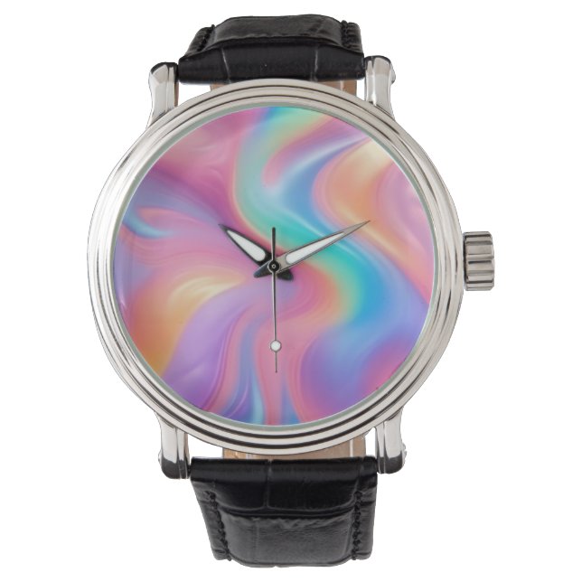 トレンディーネオンピンクブルーグリーン抽象芸術波 腕時計 (正面)