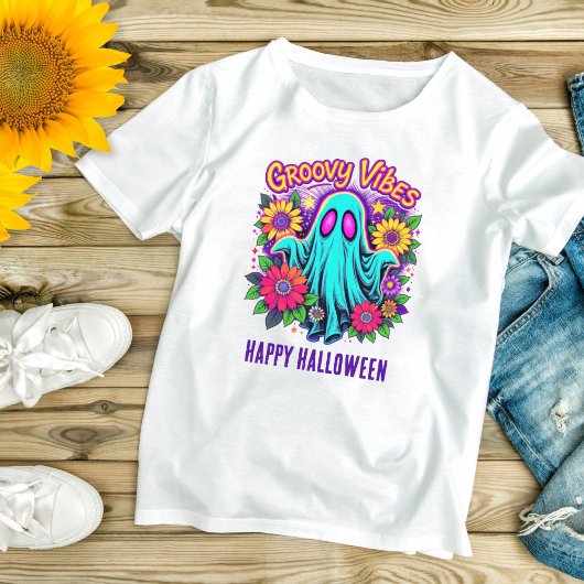 トレンディーネオンフローラレトロ幽霊Groovyハロウィーン Tシャツ