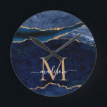 トレンディーネービーブルー金ゴールドアゲートジオードグリッターモノグラム ラウンド壁時計<br><div class="desc">Glam Navy Blue モダン金ゴールドグリッターSparkle Agate Geode Gemstone エレガント Monogramスクリプト名Clocks</div>