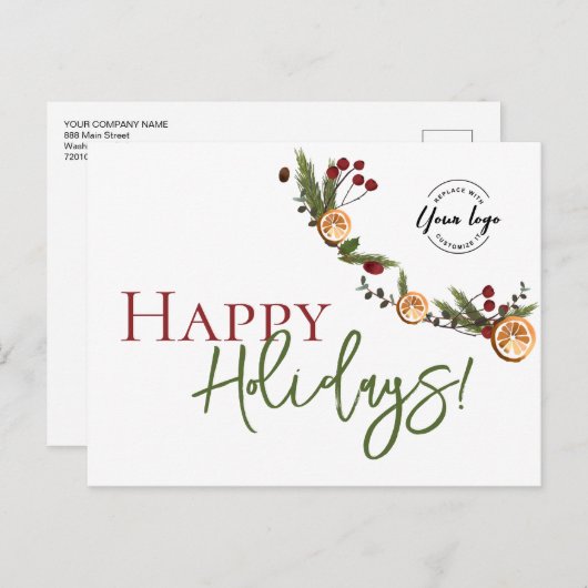 トレンディーハッピーホリデーズオレンジリースカスタムロゴ シーズンポストカード (正面/裏面)