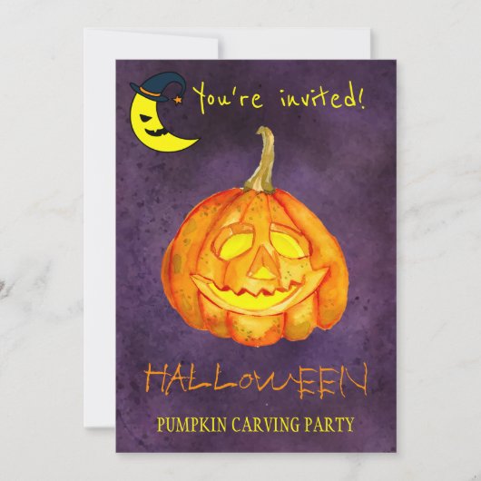 トレンディーハロウィーンの水の色かぼちゃの彫刻パーティー 招待状 (正面)
