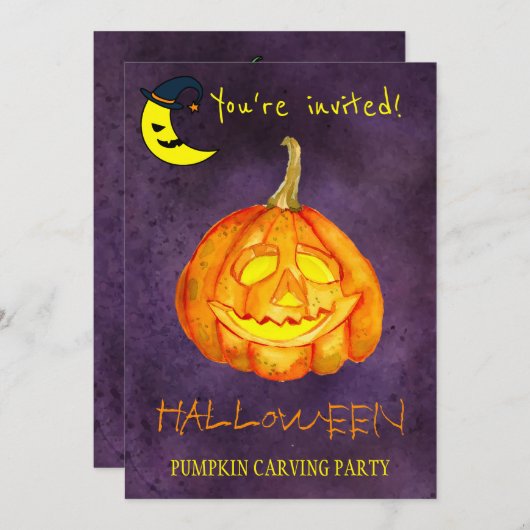 トレンディーハロウィーンの水の色かぼちゃの彫刻パーティー 招待状 (正面/裏面)