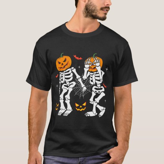 トレンディーハロウィーンスケルトングリディダンスパンプキン Tシャツ (正面)