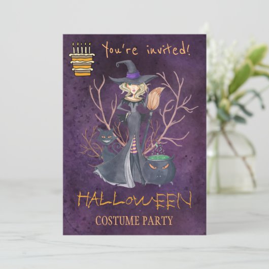 トレンディーハロウィーン水彩魔女の衣装パーティー 招待状 (スタンド正面)