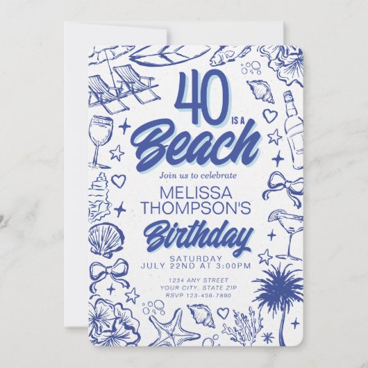 トレンディーハンドドロードドール40はビーチ誕生日 招待状 (正面)