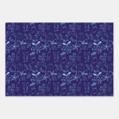 トレンディーハンドドロードモノクロブルー&ホワイトホリデー ラッピングペーパーシート (正面2)