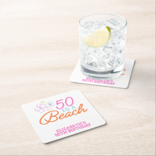 トレンディーハンドドロー50thビーチ誕生日 スクエアペーパーコースター