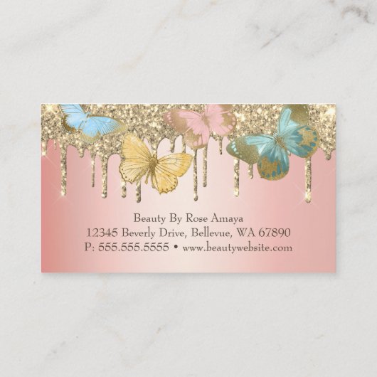 トレンディーバタフライ金ゴールドグリッターピンク美しい業界 名刺 (裏面)