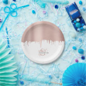 トレンディーバラピンク金ゴールドメタリックドリップスモノグラム ペーパープレート (パーティー)