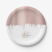 トレンディーバラピンク金ゴールドメタリックドリップスモノグラム ペーパープレート (正面)