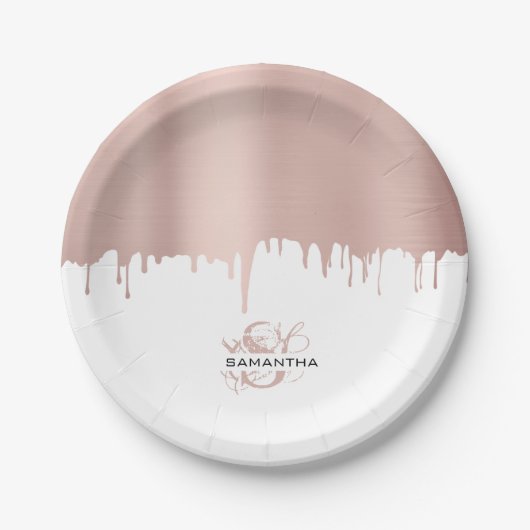 トレンディーバラピンク金ゴールドメタリックドリップスモノグラム ペーパープレート (正面)