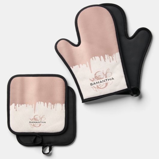 トレンディーバラピンク金ゴールドメタリックドリップスモノグラム 鍋つかみ&鍋敷きセット (正面/裏面)