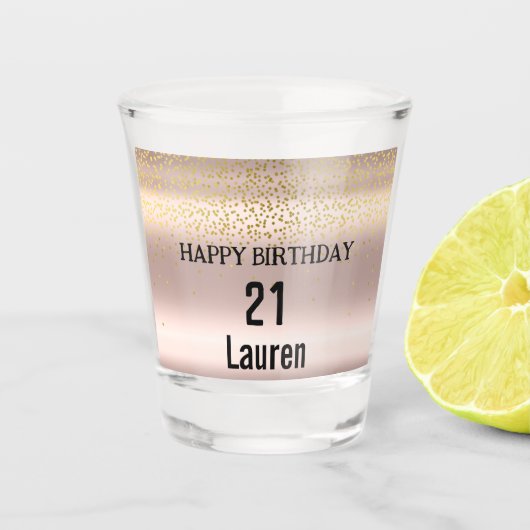 トレンディーバラピンク金ゴールドメタリックドリップ21歳の誕生日 ショットグラス (正面)