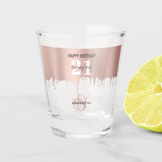 トレンディーバラピンク金ゴールドメタリックドリップ21歳の誕生日 ショットグラス (正面)