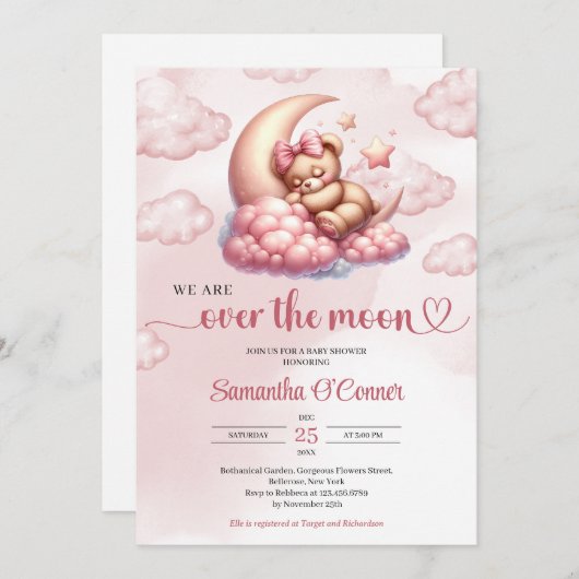 トレンディーバラ金ゴールドクマ月のベビーシャワー 招待状 (正面/裏面)