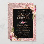 トレンディーバラ金ゴールドグリッターピンクフローラブライダルシャワー 招待状 (正面/裏面)