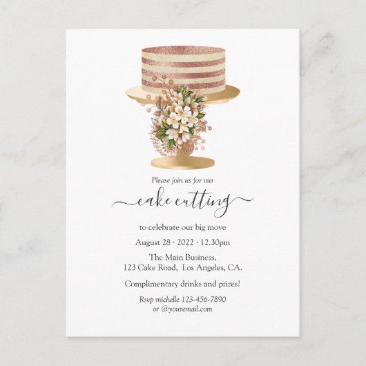 トレンディーバラ金ゴールド及び金ゴールドフローラケーキ切断 インビテーションポストカード (正面)