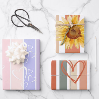 トレンディーパステルストライプハートバレンタイン ラッピングペーパーシート