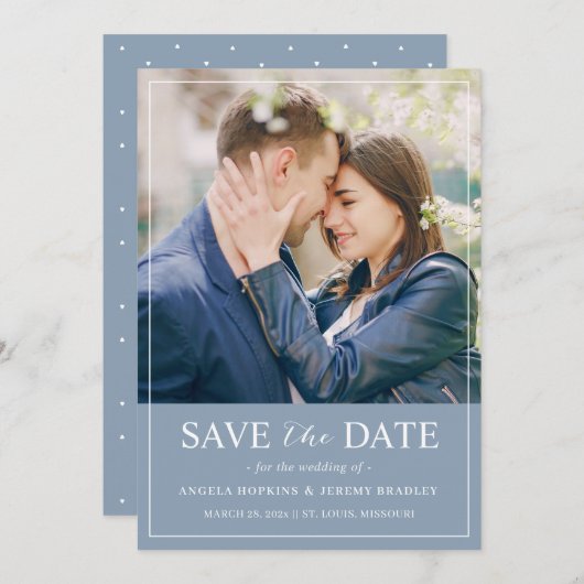 トレンディーパステルダスティブルーカラーシンプルシック写真 セーブザデート (正面/裏面)