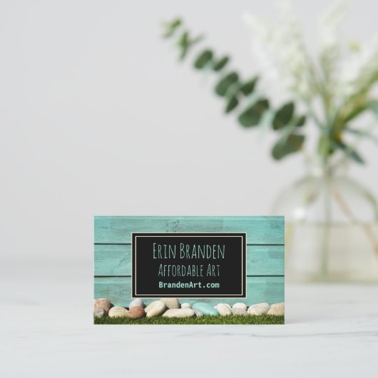 トレンディーパステルティール（緑がかった色）アクアロックス&ウッドアートデザイン 名刺 (スタンド正面)
