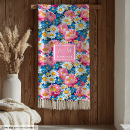 トレンディーパステルブルーとピンクのモノグラム名門私立校風のフリース フリースブランケット