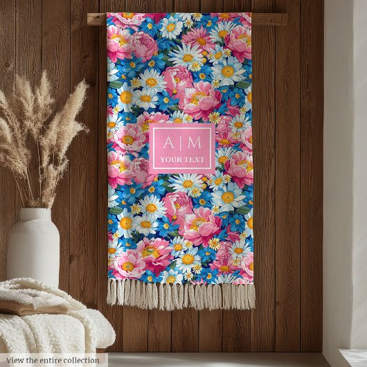 トレンディーパステルブルーとピンクのモノグラム名門私立校風のフリース フリースブランケット