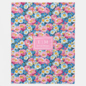 トレンディーパステルブルーとピンクのモノグラム名門私立校風のフリース フリースブランケット (正面)